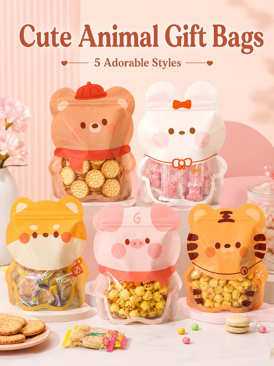 5pcs Cute Cartoon Animal Shaped Reusable Zipper Treat Bags, Multifunctional Self‑Sealing Snack Storage Pouches For Candy Cookie Popcorn, Party Favor Gift Packaging Bags For Holiday Celebration Daily Use - Multicolor - View 1