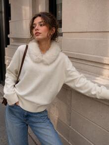 Women's Winter Knitted Long Sleeve Sweater With Faux Fur Collar, V-Neck Regular Fit Pullover Top - Off-white - View 9