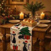 1pc Christmas Theme Table Runner, Christmas Tree & Black Cat Design - Durable Polyester Fabric, Suitable For Christmas Holiday, Home Decor, Theme Party And Gathering Style Decoration, Christmas Holiday Gift! - Multicolor - View 2