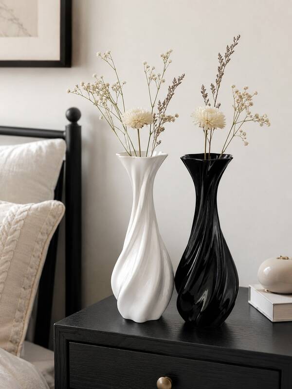 Twisted Spiral Sculptural Vase, Artistic Curved Texture Floral Vessel, Wavy Rim Slim Neck Design Small Desktop Vase, PETG Glossy Finish Black/White Dual Color Options, Stable Base Modern Minimalist Decorative Vase, Suitable For Fresh Flowers, Dried Flowers, Artificial Flowers Display, Unique Vortex Sculptural Shape, Fashionable Elegant Atmosphere Home Desktop Decor, Can Be Used In Living Room, Bedroom, Entryway Shelf