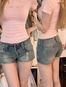 YEAE | Women's Low Waist Vintage Washed Denim Shorts With Belt Y2 Casual Summer - Medium Wash - View 2