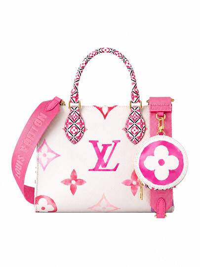 LOUIS VUITTON OnTheGo Summer Limited Edition White/Pink Watercolor Embossed Canvas Tote Bag With Top Handle Detachable Adjustable