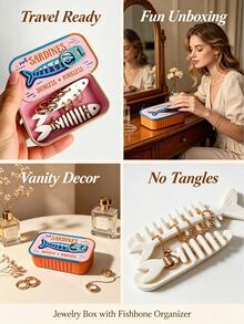 Vintage Sardine Mini Jewelry Storage Box With Fish Bone Divider, Mini Earring Box,Snap Closure Sealed Portable Jewelry Box,Rectangular Flip Top Metal Tin,Compartment Storage For Earrings, Rings,Necklaces, Suitable For Commuting,Short Trips, Dorm Desk - Multicolor - View 9