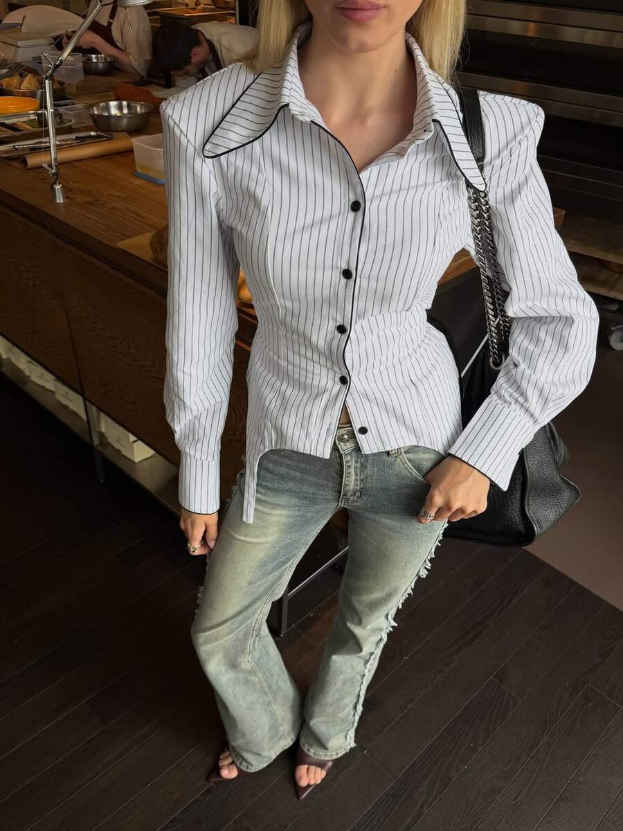Women's Fashion Striped Shirt, Colorblock Trim Asymmetric Hem Blouse, Long Sleeve Button Front Top, Perfect Choice For Autumn - White - View 1