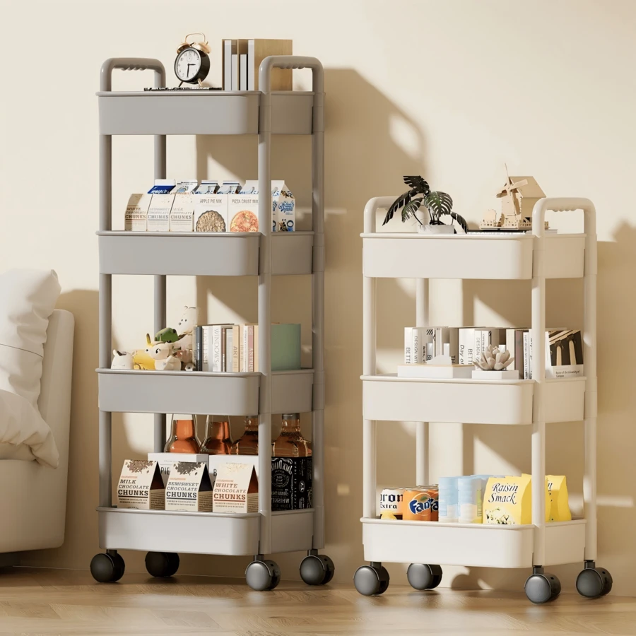 3-Tier White Plastic Rolling Storage Cart With Handle - Multi-Functional Storage Organizer For Kitchen, Bathroom And Bedroom - Durable Mesh Shelves Easy To Access, Mobile Practical Storage Cart | Modern Storage | Ventilated Storage - Multicolor - View 1
