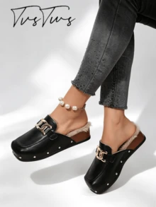 Women's Classic Square Toe Rivet Plush Lined Mule Slippers, Low Wedge Heel Closed Toe Half-Slip, Warm Casual Versatile Outdoor Thermal Slippers, Autumn/Winter - Black - View 3