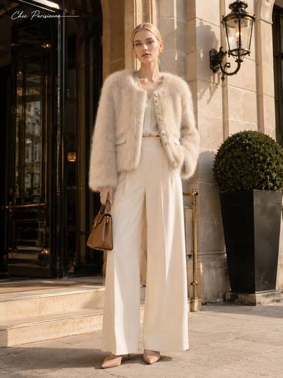 Milk Tea Beige| Women's Milk‑Tea Beige Faux Fur Cropped Jacket, Gold Buttons, V‑Neck, Long Sleeves & Flap Pockets, Minimalist Sophisticated Fall‑Wint