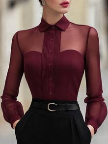 女款秋季服飾，純色長袖休閒修身上衣，優雅女款黑色透視主教袖襯衫，襯衫領設計，秋季職場穿搭完美選擇 - 酒紅色 - 查看 2