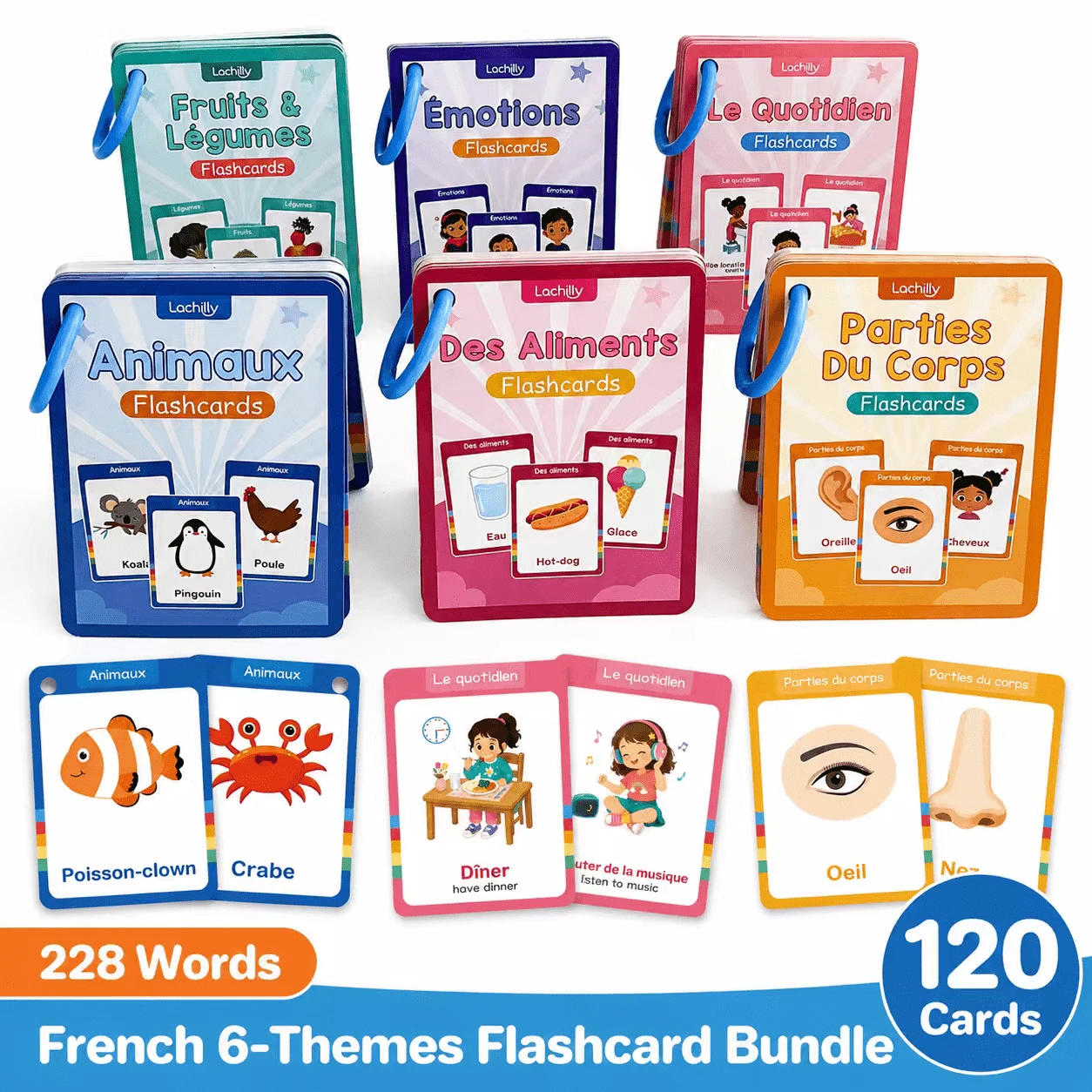 Lachilly 6 Sets Children's French Vocabulary Flashcards, 228 Words, Preschool Educational Toy, Montessori Language Learning Cards, Classroom Resource