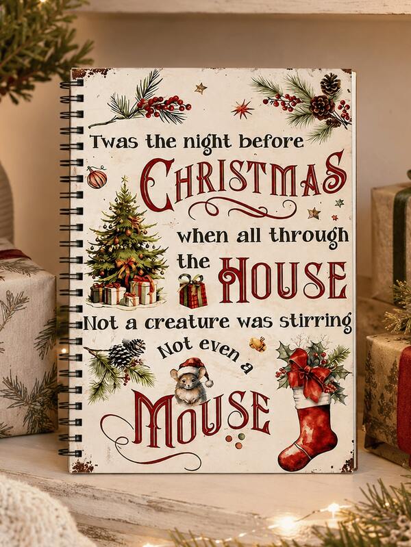 Cuaderno Espiral A5 con Tema Navideño Vintage, Tamaño 8.27*5.71 Pulgadas, Diseño "Nochebuena", Adecuado para Notas de Reuniones de Oficina, Notas de Aula, Planificador Portátil, Uso Profesional, Opción de Regalo Navideño, 2D Plano, Regreso a la Escuela, Regalo para el Maestro.