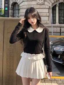 YEAE | Girly Polka Dot Print Long Sleeve Top Vacation Streetwear - Black - View 4