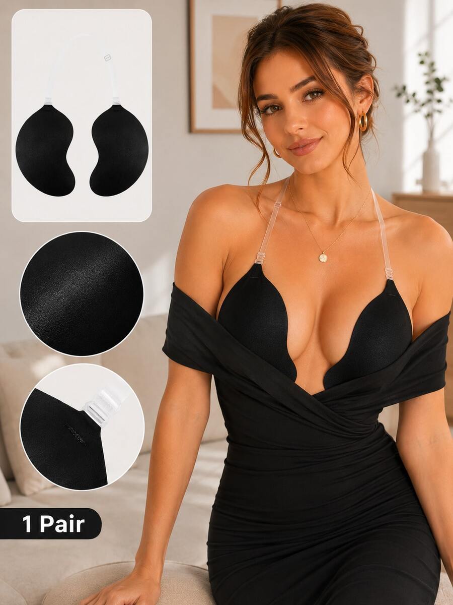 1 Pair Mango-Shaped Adhesive Bra With Detachable Transparent Straps, Strong Lift, Invisible Push-Up Bra, Suitable For Weddings, Parties And Formal Dresses - Multi-color - View 1