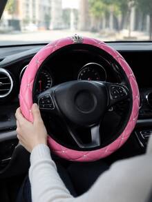 1PC Sparkling Rhinestone PU Leather Soft Comfortable Car Steering Wheel Cover Without Inner Ring - A - View 4