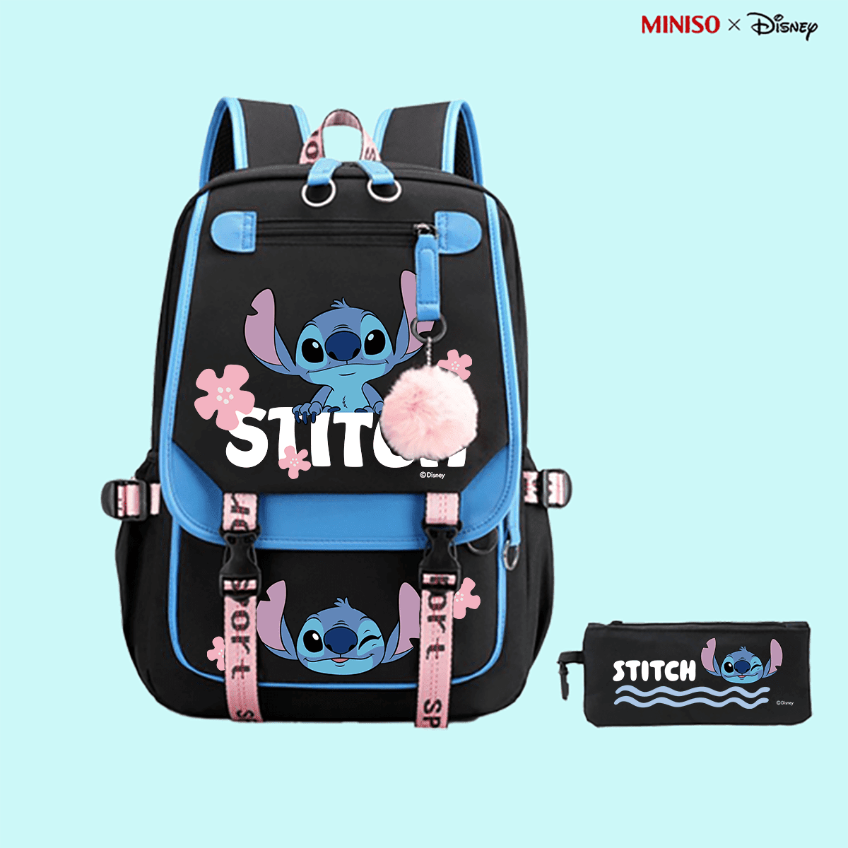 MINISO X Disney Aesthetic Embroidered Stitch Backpack 2-Piece Set, Black & Blue Colorblock Student School Bag, Pink Floral Decoration, Fashion Travel Backpack With Pendant