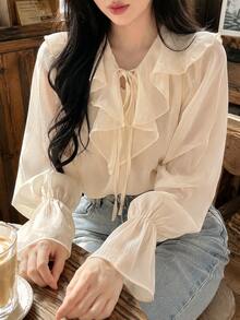 YEAE | Women's Solid Color Ruffle Collar Front Tie Long Sleeve Elegant Blouse - Cream - View 4