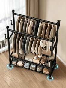 1pc Double‑Layer Metal Garment Rack‑Double Rod Clothes Drying Rack With Wheels, Equipped With Storage Basket And Hooks, Large Capacity, Stable Structure, Space‑Saving,Freestanding Clothes Hanger,Suitable For Bedroom,Living Room,Entryway,And Dormitory - Multiple Specifications - View 5