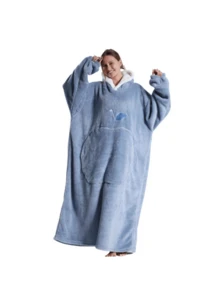 Large Hooded Blanket Bathrobe, Soft Fluffy Coral Fleece Long Robe, White Lambswool Lining, Hooded, Leaf Embroidery Detail, Large Front Pocket, Loose Warm, Suitable For Sofa Leisure - Multicolor - View 18