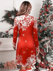 Women's Red Snowflake Print Short Long Sleeve Crew Neck Casual Knit Christmas T-Shirt Dress, Suitable For Winter Holidays - Red and White - View 2