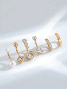 6PCS Personalized Faux Pearl Belly Piercing Rings Set, Women's Jewelry For Daily Wear And Beach Accessories - Yellow Gold - View 4