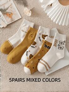 1/5 Pairs Women's Mid-Calf Socks, Teddy Bear Pattern, Cute Style, Suitable For Daily Wear, Travel And School - Multicolor - View 10