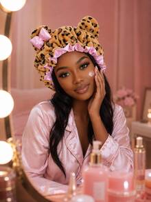 Women Leopard Print Plush Sleep Bonnet With Bear Ears & Bow, Satin Lined Thick Hair Bonnet, Ruffle Edge Night Hair Cap For Hair Care, Holiday Gift - Multicolor - View 3