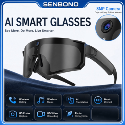 Lunettes intelligentes de sport d'extérieur SENBONO avec caméra HD 8MP, lunettes audio Bluetooth avec haut-parleurs et micro intégrés, enregistrement vidéo et prise de photo mains libres, compatibles avec iOS/Android pour hommes & femmes