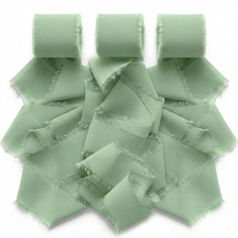 Light Green 3 Rolls Handmade Chiffon Silk Ribbon Fringe 1.5" X 5.5 Yd Frayed Edges Ribbons For Wedding Invitations Bridal Bouquets Gifts Wrapping Crafts Holiday Party Decorations Bows - Light Green - View 1