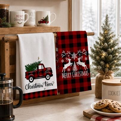 2/4/6pcs Christmas Themed Printed Kitchen Napkins, Vintage Red & Black Plaid Country Style, Soft & Easy To Clean, Christmas Sleigh, Snowflake, Christmas Tree, Reindeer Patterns, Christmas Home Decor, Christmas Gift, Suitable For Kitchen Decor, Baking, Cooking, Christmas Party, Christmas Table