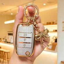 Suitable For Kia Square Model Car Key Cover, Glitter Full Coverage Protective Shell, Bow Key Chain Elegant Car Key Case Car Accessories, Key Fob Cover, Auto Parts, Halloween, Thanksgiving, Cyber Monday, Christmas, Valentine, Mother's Day, Father's Day, Gift - Kia Crystal White Bow Style - View 2