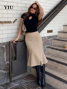 YIU Elegant Women's Knee-Length Fitted Midi Skirt, Slit Design, Non-Stretch Polyester Fabric, Fashionable Autumn Look - Khaki - View 2