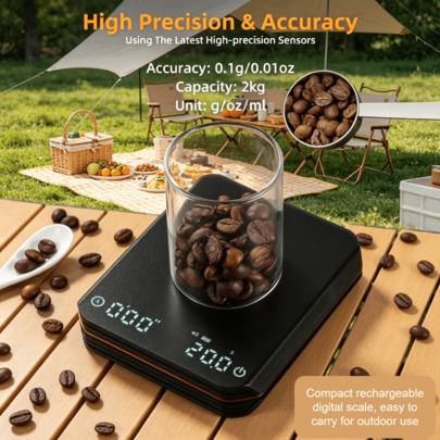 Mini Digital Coffee Scale, 0.1g High Precision Sensor, One-Touch Tare, Multi-Unit Switch, Touch Buttons, Auto Power-Off. Rechargeable, Slim & Portable. Perfect For Camping, Outdoor Meal Prep, Coffee Enthusiasts, Kitchen & Baking.