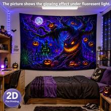 2D Fluorescent Halloween Tapestry: Scary Demon Tree, Pumpkin Head, Scarecrow, Haunted House, Full Moon, Bats, Spider Web, Blacklight Reactive Tapestry - Halloween Home Party Decoration - Multicolor - View 5