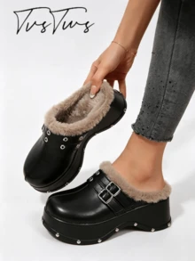 Petite höjdförstärkande loafer-mule med nitar och tjock sula, punkig brittisk stil, metallspänne, sluten tå och rygglös sko - Svart - Visa 3