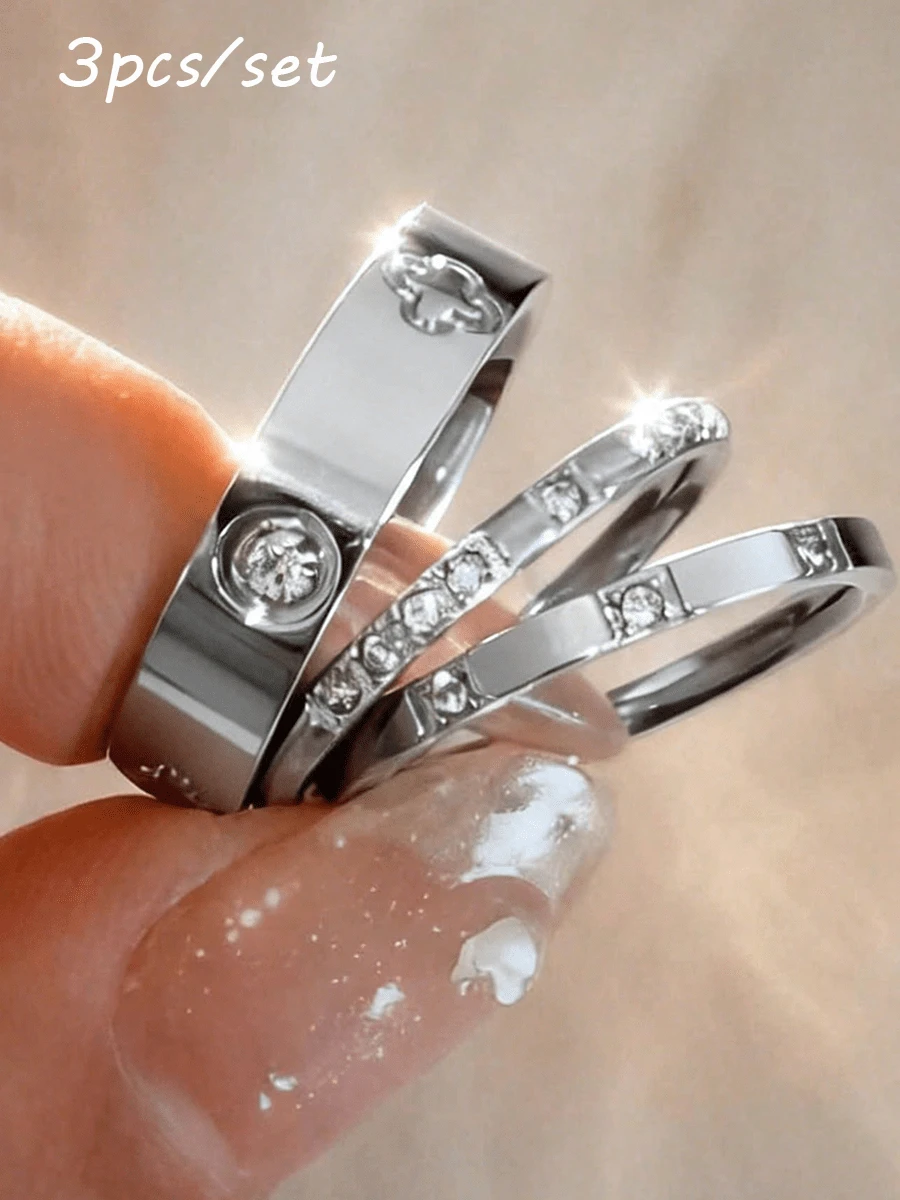 rundraw 2026 New 304 Stainless Steel Silver Stackable Ring Set, 3pcs Clover & Full Rhinestone Rings, Hypoallergenic Minimalist Jewelry - Multicolor - View 1