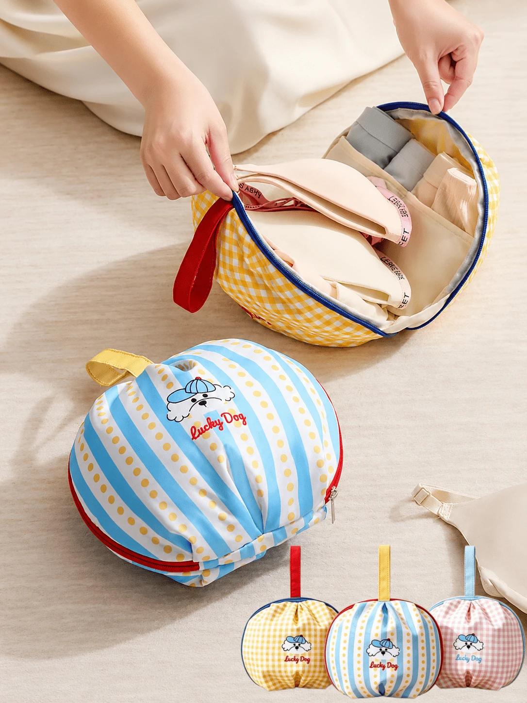 1Pc Beige Cute Cartoon Dog Plaid Drawstring Lightweight Portable Multipurpose Storage Organizer Bag Unisex For Cosmetics Toiletries Underwear Daily Travel Outdoor Activities - Multicolor - View 1