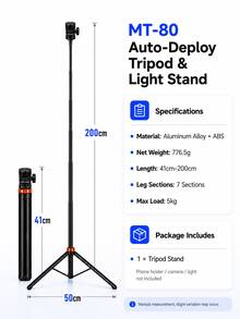 MIAOTU 2m Auto-Deploying Camera Light Stand Tripod, One-Touch Ground Trigger, 5kg Load Capacity, 1/4" Interface, 50cm Wide Base, Suitable For DSLR, Mirrorless Camera, LED Video Light, Ring Light, Photography Studio And Live Streaming - View 10
