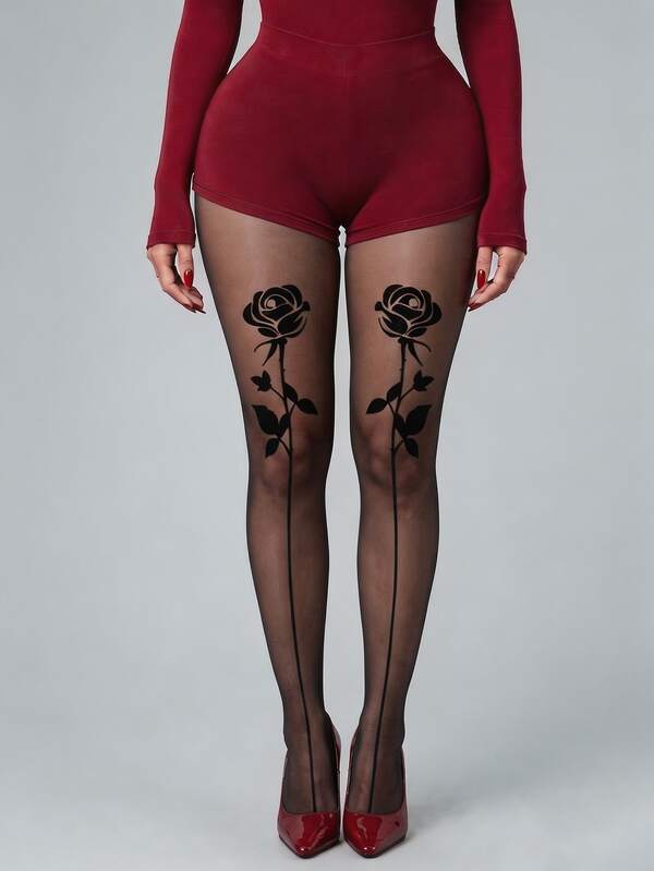 1 Pair Women's Sheer Black Rose Pattern Tights, Floral Design Pantyhose With Back Seam Look