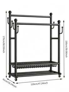 1pc Double‑Layer Metal Garment Rack‑Double Rod Clothes Drying Rack With Wheels, Equipped With Storage Basket And Hooks, Large Capacity, Stable Structure, Space‑Saving,Freestanding Clothes Hanger,Suitable For Bedroom,Living Room,Entryway,And Dormitory - Multiple Specifications - View 2