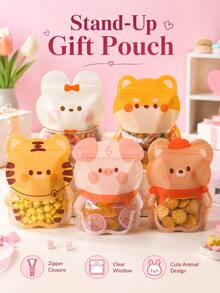 5pcs Cute Cartoon Animal Shaped Reusable Zipper Treat Bags, Multifunctional Self‑Sealing Snack Storage Pouches For Candy Cookie Popcorn, Party Favor Gift Packaging Bags For Holiday Celebration Daily Use - Multicolor - View 3