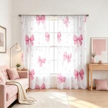 2pcs Set Sweet Style Semi-Sheer Curtains, Pink Bow Pattern, Rod Pocket Design, Suitable For All Seasons, Multi-Functional Home Decor, Machine Washable, Polyester Material, Add Romantic Atmosphere To Bedroom, Living Room And Study, 2D Flat Print - Multicolor - View 7