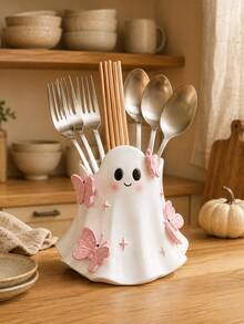 Cute Ghost Cutlery Holder With Pink Butterflies, Halloween Utensil Organizer For Forks Spoons Chopsticks, Kitchen Countertop Tableware Storage, Dining Table Decor, Fall Home Decor, Housewarming Gift - Multicolor - View 4