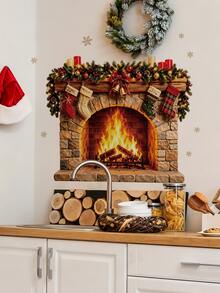 mama look 1pc/2pcs, Multi-Style, Christmas Decoration Wall Sticker Creative Realistic Fireplace, PVC Self-Adhesive Removable, Suitable For Bedroom, Living Room, Kitchen, Dining Room, Entryway Wall Decoration, Beautify Wall And Conceal Imperfections - Multiple Styles - View 2
