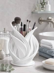 1pc White Floral Cosmetic Storage Cup, Hollow Streamlined Design Decorative Makeup Brush And Lipstick Holder, Space-Saving Beauty Tool Rack, Suitable For Bathroom Countertop, Vanity Or Bedroom; Cosmetic Storage Rack, Brush Holder, Bathroom Decor - Multicolor - View 9