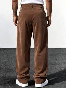 Men's Solid Color Corduroy Wide Leg Dress Pants, Double Pleated Drape Loose Straight Leg Casual Long Pants, Autumn/Winter - Brown - View 3