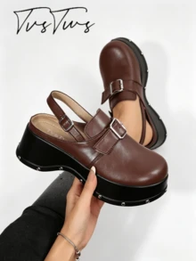 Women's Autumn/Winter Height-Enhancing Double Buckle Back Strap Rivet Thick Sole Wedge Mule Shoes, Super High Heel Round Toe Closed Toe Half-Slip, Fashionable Personalized Outdoor Slippers - Brown - View 2