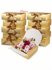 50pcs Gold Gift Box With Lid, Bridesmaid Invitation Gift Box, Luxurious Gold Ribbon Gift Box, Wedding Gift Box, Birthday Gift Box, Party Gift Box, Bridesmaid Gift Box, Graduation Gift Box, Valentine's Day Gift Box - Gold - View 9