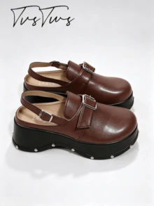 Women's Autumn/Winter Height-Enhancing Double Buckle Back Strap Rivet Thick Sole Wedge Mule Shoes, Super High Heel Round Toe Closed Toe Half-Slip, Fashionable Personalized Outdoor Slippers - Brown - View 4
