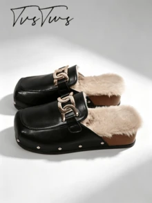 Women's Classic Square Toe Rivet Plush Lined Mule Slippers, Low Wedge Heel Closed Toe Half-Slip, Warm Casual Versatile Outdoor Thermal Slippers, Autumn/Winter - Black - View 4