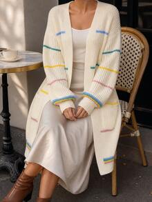 Women's Oversized Contrast Stripe Open Front Long Cardigan Sweater With Pockets - Beige - View 3