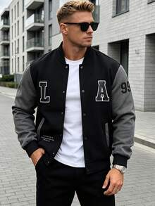 Fleece Men's Thin Fleece Letter Patchwork Baseball Jacket American Vintage Colorblock Casual Open Front Hoodless Sweatshirt - Black - View 3